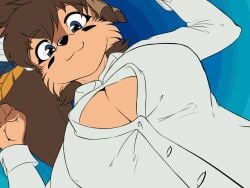 animated anthro areola big_breasts blouse blue_eyes breast_squeeze breasts brown_fur exposing_breasts female female_only hawk_(notbad621) jiggle mammal nipples notbad621 ponytail squirrel undressing