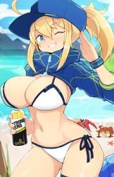 2girls ahoge artoria_pendragon beach bikini blonde_hair blue_eyes breasts buried_in_sand cropped_jacket fate/grand_order fate_(series) female fujimaru_ritsuka_(female) grin hat huge_breasts jellcaps light-skinned_female light_skin long_hair mysterious_heroine_xx_(foreigner) orange_hair outdoors png ponytail salute slim_waist smile thick_thighs white_bikini wide_hips