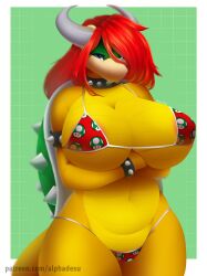 1girls 2022 alphadesu anthro anthro_only arms_under_breasts big_breasts bikini blue_eyes bowser collar crossed_arms female female_bowser female_only genderswap_(mtf) hi_res horns koopa long_hair looking_at_viewer mario_(series) narrowed_eyes nintendo red_hair rule_63 shell solo spiked_armlet spiked_bracelet spiked_collar spiked_shell standing thick_thighs yellow_body