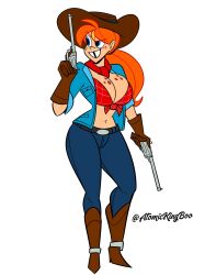 1girls atomickingboo blue_eyes breasts bust busty clothing cowgirl cowgirl_(western) cowgirl_outfit digital_media_(artwork) female firearm footwear freckles handgun handwear hat hips huge_breasts human large_breasts legs light-skinned_female light_skin lips long_hair orange_hair original original_character pale_skin red_hair revolver rudy_roundup thick thighs tooth_gap top_heavy upper_body voluptuous weapon western wide_hips wild_west