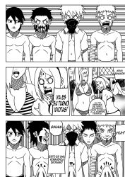 3girls 5boys aggressive anger_vein angry big_breasts blood blush breasts celebration clenched_fist clenched_hand comic competition competitive dialogue erect_penis erection erection_under_clothes hatake_kakashi ino_yamanaka inuzuka_kiba looking_at_another looking_at_partner looking_at_penis looking_at_self monochrome multiple_boys multiple_girls nara_shikamaru naruto naruto:_the_last naruto_(series) naruto_shippuden ninrubio nosebleed sai sakura_haruno spanish_text story tsunade uzumaki_naruto vein volleyball volleyball_net