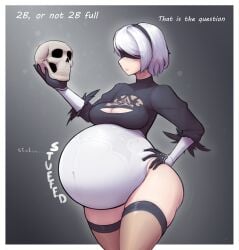 1girls arawaffle bbw belly big_belly blindfold breasts chubby clothed clothing english_text fat female female_only hairband huge_belly light-skinned_female light_skin nier nier:_automata overweight short_hair solo solo_female stuffed_belly text thighhighs weight_gain white_hair yorha_2b