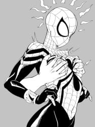 1girls 2d bodysuit breast_grab breast_grab_from_behind double_breast_grab female female_focus groping kyder line_art marvel mayday_parker medium_breasts skin_tight solid_color_background spider-girl spider-man_(series) surprised