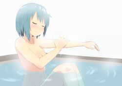 bath bathing bathroom blue_hair blush breasts cleavage closed_eyes colored_skin female highres human human_only mahou_shoujo_madoka_magica medium_breasts miki_sayaka naked naked_female navel nude nude_female red_skin ripples rusyoukei smile solo steam teen teenage_girl teenager young