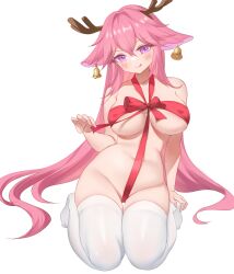 :q alternate_costume animal_ears antlers bangs bell bow breasts cameltoe christmas cleft_of_venus covered_erect_nipples covered_navel earrings female female floppy_ears fox_ears genshin_impact groin hair_between_eyes hand_on_own_foot hand_up highres holding jewelry large_breasts long_hair looking_at_viewer naked_ribbon no_shoes nude pink_hair purple_eyes red_bow red_ribbon ribbon seiza sidelocks simple_background sitting solo stomach thighhighs thighs tongue tongue_out very_long_hair white_background white_thighhighs yae_miko zzo_(chorizzzzo)