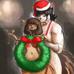 2017 2girls 4_fingers ankama anthro bent_arm beverage bikini black_eyebrows black_eyelashes black_hair black_nose bow_(feature) bow_ribbon breasts brown_body brown_eyes brown_fur brown_hair brown_nose brown_tail christmas christmas_clothing christmas_headwear christmas_wreath closed_eyes closed_smile clothed clothing container convenient_censorship crossover cup digital_media_(artwork) dofus domestic_cat drinking_glass drunk duo ear_tuft ecaflip eyebrows eyelashes felid felina_feral feline felis female fingers fluffy fluffy_tail front_view fur fur_tuft glass glass_container glass_cup glistening glistening_eyes hair hanna-barbera hat head_tilt headgear headwear holding_beverage holding_glass holding_object holidays larger_female laugh long_hair looking_at_viewer mammal medium_breasts miranda_(wakfu) mouth_closed multicolored_hair muscular muscular_anthro muscular_arms muscular_female navel necrolepsy nude open_mouth open_smile prick_ears red_bikini red_bow red_clothing red_hat red_headwear red_swimwear santa_hat shadow size_difference sling_bikini smaller_female smile smiling_at_viewer standing substance_intoxication swat_kats swimwear tan_body teeth thick_thighs tuft two_tone_hair wakfu white_hair wide_hips