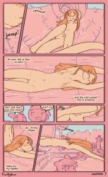 2022 colour comic comic_page digital_media_(artwork) english english_text exhibitionism freckles funkybun furry furry_only orange_hair original original_character page_7 small_breasts swimming_pool swimsuit water_slide