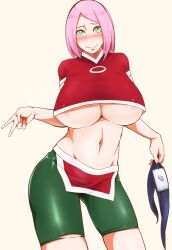 1girls alternate_costume areola areola_slip bike_shorts blush boruto:_naruto_next_generations crop_top female female_only green_eyes headband holding_object kunoichi looking_at_viewer mature mature_female milf naruto naruto_(classic) naruto_(series) ninja no_bra pink_hair revealing_clothes sakura_haruno shirt skimpy skimpy_clothes solo solo_focus sunahara_wataru tight_clothing underboob voluptuous