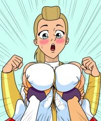 2020s 2022 2girls absurd_res adora alternate_version_available armor blonde_female blonde_hair blue_background blue_eyes blush bracer breast_grab breast_squeeze breasts breasts_bigger_than_head cape cyan_background duo embarrassed female female_only fists glimmer_(she-ra) gloves groping groping_breasts huge_breasts human leotard light-skinned_female light_skin long_hair motion_lines open_mouth ponytail red_cape she-ra she-ra_and_the_princesses_of_power shocked simple_background surprised thathornybastard white_gloves white_leotard yuri