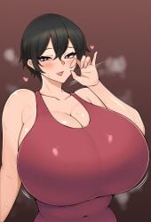 1girls bakunyuu bare_shoulders big_breasts black_hair blowjob_gesture bouncing_breasts breasts breasts_jiggling busty cleavage curvaceous curvy curvy_body curvy_female curvy_figure fellatio_gesture female female_only heart-shaped_pupils huge_breasts human human_only imminent_blowjob imminent_oral large_breasts motion_lines naughty_face original original_character seductive seductive_eyes seductive_look seductive_mouth solo solo_female tokitamago top_heavy very_short_hair voluptuous