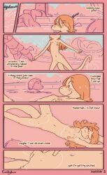 2022 colour comic comic_page digital_media_(artwork) english english_text exhibitionism freckles funkybun furry furry_only orange_hair original original_character page_8 partially_submerged small_breasts swimming swimming_pool swimsuit underwater underwater_view water water_slide