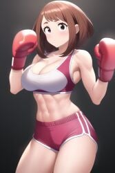 1girls abs ai_generated athletic athletic_female big_thighs black_background boxing boxing_gloves breasts brown_eyes brown_hair cleavage female female_only gloves highres light-skinned_female light_skin looking_at_viewer midriff my_hero_academia nai_diffusion ochako_uraraka red_boxing_gloves red_gloves rubycks short_shorts shorts shoulder_length_hair solo sports_bra sportswear stable_diffusion thick thick_hips thick_thighs wide_hips