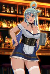 1girls aqua_(konosuba) bar beer_stein blue_eyes blue_hair breasts cleavage corset dirndl dress drinking_glass female female_only german_clothes hair_ornament kono_subarashii_sekai_ni_shukufuku_wo! large_breasts long_hair looking_at_viewer nonaka_tama oktoberfest open_mouth public smile solo thick_thighs thighhighs thighs waitress