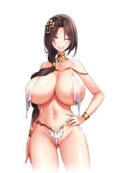 1girls akagi_rio areola_slip areolae areolae_peeking areolae_visible_through_clothing bare_shoulders barely_clothed barely_visible_nipples big_breasts blue_eyes blush breast_curtains breasts brown_hair cleavage cross derauea elizabeth_mysterante female female female_only hair_ornament hair_over_shoulder hand_on_hip huge_breasts long_hair looking_at_viewer mature_female milf milk_factory mother motto!_haramase!_honoo_no_oppai_isekai_oppai_meido_gakuen! navel nipples_visible_through_clothing official_art panties revealing_clothes rosary shiny_breasts shiny_skin smile solo thin_waist winking winking_at_viewer