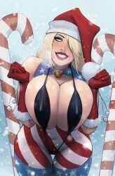 1girls alternate_breast_size bangs_over_one_eye big_breasts blonde_hair blue_eyes busty christmas christmas_clothing christmas_hat christmas_headwear christmas_outfit curvy devil_hs female female_focus highres holidays huge_breasts looking_at_viewer micro_bikini milf one_eye_visible original patriotika presenting_breasts scantily_clad sling_bikini smiling_at_viewer snow thick_thighs thigh_gap voluptuous_female wide_hips