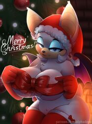 1girls alphadesu areola_slip arm_gloves bat_ears bat_wings big_breasts blue_eyes chiropteran christmas christmas_lights christmas_outfit christmas_tree eyeshadow female female_only hi_res holidays legwear looking_at_viewer merry_christmas narrowed_eyes nipple_slip red_legwear ribbon rouge_the_bat santa_hat sega smiling smiling_at_viewer solo sonic_(series) sonic_the_hedgehog_(series) thick_thighs wrapped_breasts wraps