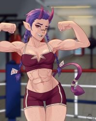 1girls abs absurd_res bandaid_on_nose blurry_background body_freckles boxing_ring braided_ponytail female female_only flexing flexing_bicep freckles froggystyle horns kori_(porqueloin) long_hair looking_at_viewer muscular muscular_female oerba_yun_fang oni oni_horns petite pink_eyes pointy_ears purple_hair seductive_look smiling smiling_at_viewer solo sportswear tail thigh_gap twin_braids twintails