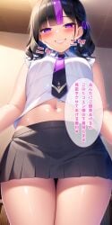 ai_generated black_hair blush goddess_of_victory:_nikke miniskirt multicolored_hair navel purple_eyes shirt short_hair skirt stable_diffusion syuen_(nikke) tie