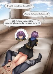 1boy 1girls absurdres ahoge barefoot bernadetta_von_varley blush byleth_(fire_emblem) byleth_(fire_emblem)_(male) censored embarrassed english_text ethan_ppj_(artist) feet female female_focus fire_emblem fire_emblem:_three_houses foot_fetish footjob garreg_mach_monastery_uniform highres indoors intelligent_systems male matching_hair/eyes nervous nintendo no_shoes on_stomach purple_eyes purple_hair short_hair soles solo_focus text toes two-footed_footjob