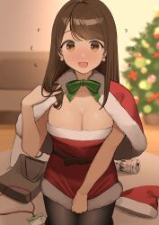 1girls big_breasts blush christmas christmas_outfit cleavage earrings embarrassed female_only ol-chan_(ol_mahonanoka) ol_mahonanoka original original_character santa_hat skirt solo solo_female tights