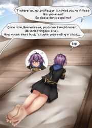 1girls absurdres ahoge barefoot bernadetta_von_varley blush censored embarrassed english_text ethan_ppj_(artist) feet female female_only fire_emblem fire_emblem:_three_houses foot_fetish footjob garreg_mach_monastery_uniform highres human indoors intelligent_systems matching_hair/eyes nervous nintendo no_shoes offscreen_character on_stomach purple_eyes purple_hair short_hair soles solo text toes