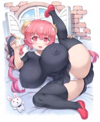 1girls absurd_res big_breasts blush breasts cameltoe eye_contact female high_resolution horns huge_breasts ilulu_(dragon_maid) legwear light-skinned_female light_skin looking_at_viewer miss_kobayashi's_dragon_maid mogudan nipple_bulge panties pussy red_eyes red_hair shortstack smaller_female solo thick_thighs thighhighs thighs twintails white_panties