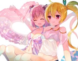 2girls :d ^_^ artist_request bangs bare_shoulders bikini bikini_top bikini_under_clothes black_bikini blonde_hair blush bow breasts cleavage closed_eyes collarbone commentary_request hair_between_eyes hair_ornament hairbow hairclip heart heart-shaped_innertube ikumi_makino innertube long_hair magia_record:_mahou_shoujo_madoka_magica_gaiden mahou_shoujo_madoka_magica makino_ikumi medium_breasts midori_ryo multiple_girls open_mouth outstretched_arms pink_hair ponytail red_bow red_eyes ryo_midori see-through shikino_(sikinonono) shirt short_hair sitting smile swimsuit transparent two_side_up very_long_hair white_background white_shirt x_hair_ornament