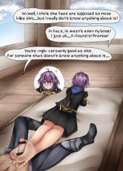 1boy 1girls absurdres ahoge barefoot bernadetta_von_varley blush byleth_(fire_emblem) byleth_(fire_emblem)_(male) censored embarrassed english_text ethan_ppj_(artist) feet female female_focus fire_emblem fire_emblem:_three_houses foot_fetish footjob garreg_mach_monastery_uniform highres indoors intelligent_systems male matching_hair/eyes motion_lines nervous nintendo no_shoes on_stomach purple_eyes purple_hair short_hair soles solo_focus text toes two-footed_footjob