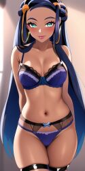 ai_generated anime_lingerie aqua_eyes big_breasts blue_eyebrows blue_lingerie breasts brown_body dark-skinned_female dark_blue_hair dark_skin female female_only game_freak hair_bun hands_behind_back long_hair looking_at_viewer nai_diffusion nessa_(pokemon) nintendo pink_lipstick pokemon pokemon_ss pokemon_trainer smile smiling_at_viewer solo solo_focus stable_diffusion straight thick_thighs upper_body wall