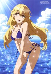 +_+ 1girls 2020 2020s absurd_res beach bikini blonde_hair blue_bikini breasts cleavage cloud day from_side hair_between_eyes head_tilt hi_res hiyamizu_yukie large_breasts light-skinned_female light_skin long_hair matching_hair/eyes megami_magazine ocean official_art open_mouth outdoors scan shokuhou_misaki side-tie_bikini_bottom sky string_bikini swimsuit teenage_girl teenager to_aru_kagaku_no_railgun to_aru_majutsu_no_index tongue tongue_out unusual_pupils very_long_hair water yellow_eyes young