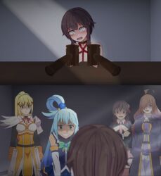 5girls abuse afraid aqua_(konosuba) aqua_hair blonde_hair blue_hair breast_torture brown_hair brunette bullying crying crying_with_eyes_open darkness_(konosuba) empty_eyes female female_only femsub hammer kono_subarashii_sekai_ni_shukufuku_wo! lezdom light_blue_hair mallet megumin multiple_girls nipple_torture pain red_eyes revenge ruined_breasts ryona scared scared_expression table torture wiz_(konosuba) yandere yunyun_(konosuba) yuri