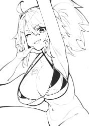 ahoge armpits bikini bottomless breasts cleavage dismassd huge_breasts kson_onair looking_at_viewer micro_bikini midriff mole mole_under_eye ponytail short_hair sketch smile swimsuit v virtual_youtuber vshojo wink