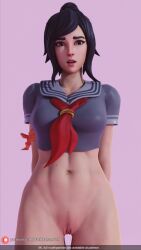 1girls 3d arms_behind_back asian bare_midriff black_hair bottomless brown_hair darkbahamuth english_text female female_only fit_female fortnite light-skinned_female light_skin lowres navel partially_clothed patreon_logo patreon_url pink_background pubic_hair pussy sailor_uniform school_uniform schoolgirl simple_background solo standing topwear tsuki_(fortnite)