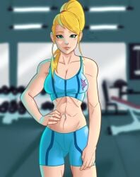 1girls 2022 absurd_res blonde_hair blurry_background female female_only fit fit_female froggystyle green_eyes gym high_ponytail long_hair looking_at_viewer metroid muscular nintendo petite ponytail samus_aran seductive_look smiling smiling_at_viewer solo sportswear three-quarter_portrait