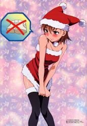 00s 1girls 2009 absurd_res bare_shoulders black_socks blush brown_eyes brown_hair brunette choker christmas christmas_outfit embarrassed female hat hi_res jester_cap matching_hair/eyes megami_magazine misaka_mikoto murakami_yuu no_shorts official_art santa_costume santa_hat scan skirt skirt_tug socks solo spoken_object standing teenage_girl teenager thigh_socks thighhighs to_aru_kagaku_no_railgun to_aru_majutsu_no_index young