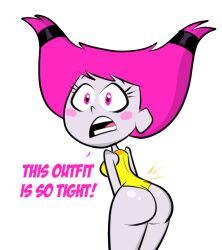 1girls 2017 ass breasts cartoon_network dat_ass dc dialogue english english_text green_skin jinx_(dc) leotard pink_eyes pink_hair pink_hair_female scobionicle99 shiny_ass shiny_skin teen_titans teen_titans_go text tight_clothes tight_clothing tight_leotard