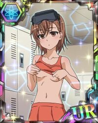 10s 1girls 2017 bare_shoulders blush breasts brown_eyes brown_hair brunette card_(medium) cheerleader cleavage clone female goggles goggles_on_head hair_ornament hi_res indoors locker_room looking_down matching_hair/eyes midriff misaka_imouto navel no_bra official_art short_hair small_breasts solo standing teenage_girl teenager to_aru_kagaku_no_railgun to_aru_majutsu_no_index underboob upper_body young