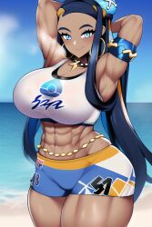 1girls abs ai_generated armlet armpits arms_up athletic athletic_female bare_arms bare_legs bare_midriff bare_shoulders bare_thighs beach biceps black_hair blue_hair blush breast_expansion breasts broad_shoulders cleavage crop_top day dynamax earrings eyeliner eyeshadow fit fit_female game_freak giant giantess gigantic_breasts gigantic_thighs hair_bun hoop_earring horny horny_female huge_breasts huge_thighs jewelry large_breasts large_thighs long_hair looking_at_viewer looking_pleasured macro makeup massive_breasts massive_thighs midriff midriff_baring_shirt muscle muscle_growth muscle_tone muscles muscular muscular_arms muscular_female muscular_legs muscular_thighs nai_diffusion necklace nessa_(pokemon) nintendo ocean pokemon pokemon_ss short_shorts shorts single_hair_bun size_difference smile smiling_at_viewer sports_bra stable_diffusion sweat sweatdrop sweating sweaty sweaty_body swimsuit thick_arms thick_thighs thighs tight_clothing tight_fit toned toned_body toned_female toned_stomach two_tone_hair voluptuous voluptuous_female wide_hips