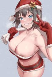 1girls areola_slip armpit_hair bare_shoulders belly belly_piercing big_breasts blue_eyes blush breasts christmas christmas_clothing christmas_hat christmas_outfit cleavage collarbone eyebrows_visible_through_hair eyelashes female gloves grey_hair hat high-angle_view john5642841 looking_at_viewer midriff navel navel_piercing original original_character peace_sign red_clothes red_clothing red_gloves red_outfit smile smiling standing teeth upper_body v v_sign