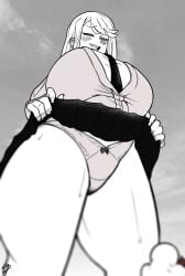 big_breasts black_and_white chieri's_love_is_8_meters chieri_oomine_(chieri's_love_is_8_meters) clothed female female_focus giantess giantsheeeep horny_female large_breasts larger_female lifting_skirt macro macro_female panties pantyshot presenting