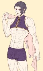 abs akadanuki bare_midriff bishonen bishounen chinese_clothes crop_top dark_hair fighter kengan_(series) kengan_ashura looking_at_viewer male male_only martial_arts_uniform muscular muscular_male nikaido_ren pale-skinned_male pale_skin pecs purple_eyes purple_hair revealing_clothes shorts sleeveless solo towel underpec