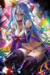 1girls big_breasts blue_hair blush breasts curvy detailed_background female female_focus female_only highres large_breasts legs legwear light_skin long_hair looking_at_viewer no_game_no_life pose posing sakimichan shiro_(no_game_no_life) sitting solo