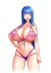 1girls big_breasts bikini blue_hair breasts brynhildr_valhanna closed_eyes derauea female female_only hand_on_hip huge_breasts large_breasts looking_at_viewer mature_female milf milk_factory mother motto!_haramase!_honoo_no_oppai_isekai_oppai_meido_gakuen! navel official_art purple_eyes revealing_clothes shiny_breasts short_hair smile smiling smiling_at_viewer solo thong transparent_background underboob