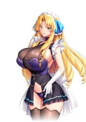 1girls big_breasts blonde_female blonde_hair breasts curly_hair derauea drill_hair female female_only gloves huge_breasts large_breasts laurecia_le_blanchette long_hair looking_at_viewer maid maid_headdress mature_female milf milk_factory mother motto!_haramase!_honoo_no_oppai_isekai_oppai_meido_gakuen! nipple_bulge official_art panties smile smiling smiling_at_viewer solo thin_waist transparent_background yellow_eyes yellow_hair