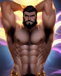 1boy 1human 1male 1man abs ai_generated armpit_hair armpits arms_up bara bara_tiddies bara_tits beard bearded biceps big_arms big_muscles black_hair chest_hair deltoids hairy hairy_armpits hairy_chest half_naked large_pecs large_pectorals male male_focus male_nipples male_only man man_boobs man_breasts man_tits manly masculine masculine_male muscle muscles muscular muscular_arms navel nipples pecs pectorals shirtless trapezius