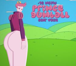 adventure_time ass big big_ass big_butt blue_sky bottomless cartoon_network crown grass grassland looking_at_viewer male male_only nathaniel718 pink_eyes pink_hair prince_gumball