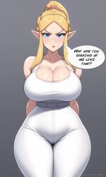 ai_generated angry_face annoyed_face big_boobs big_breasts bimbo blonde_hair blue_eyes cleavage curvy curvy_figure deep_cleavage high_waisted_pants huge_breasts huge_hips nai_diffusion ponytail princess_zelda seductive shiny_breasts shiny_hair shiny_skin speech_bubble stable_diffusion the_legend_of_zelda thick_thighs thunder_thighs tight_clothing voluptuous white_clothing white_pants white_tank_top wide_hips