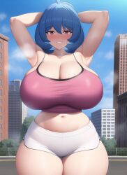 1girls ai_generated armpits arms_up bare_arms bare_legs bare_midriff bare_shoulders bare_thighs blue_hair blush breasts building camisole city city_background cityscape cleavage crop_top curvaceous curves curvy curvy_body curvy_female curvy_hips cute day deep_cleavage game_freak giant giantess gigantic_breasts gigantic_thighs hourglass_expansion hourglass_figure huge_breasts huge_thighs large_breasts large_thighs looking_at_viewer macro massive_breasts massive_thighs midriff midriff_baring_shirt nai_diffusion nintendo pink_camisole pink_crop_top pink_tank_top plump pokemon pokemon_rgby red_eyes sabrina_(pokemon) short_shorts shorts size_difference smile smiling_at_viewer spaghetti_strap stable_diffusion steam steaming_body sweat sweatdrop sweating sweaty sweaty_body sweaty_breasts tank_top thick_thighs thighs tight_clothes tight_fit voluptuous voluptuous_female wide_hips