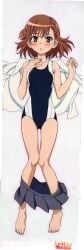 1girls absurd_res ass_visible_through_thighs bare_shoulders barefoot blush brown_eyes brown_hair collarbone competition_swimsuit dakimakura female full_body gluteal_fold gradient gradient_background hair_ornament hairclip hara_shuuichi hi_res legs long_image lying matching_hair/eyes misaka_mikoto navel navel_visible_through_clothes official_art on_back one-piece_swimsuit school_swimsuit short_hair skirt solo swimsuit tall_image teenage_girl teenager thigh_gap to_aru_kagaku_no_railgun to_aru_majutsu_no_index toes tokiwadai_school_swimsuit undressing white_background young