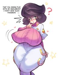 1girls ? breasts clothed dialogue english_text female glasses green_eyes huge_breasts long_hair mature_female milf nintendo nipples_visible_through_clothing oblivious pinkkoffin pokemon pokemon_sm purple_hair sexually_ignorant text thick_thighs voluptuous wicke_(pokemon) wide_hips